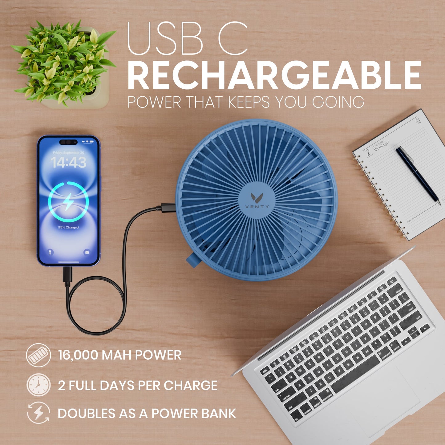 Blue fan on table