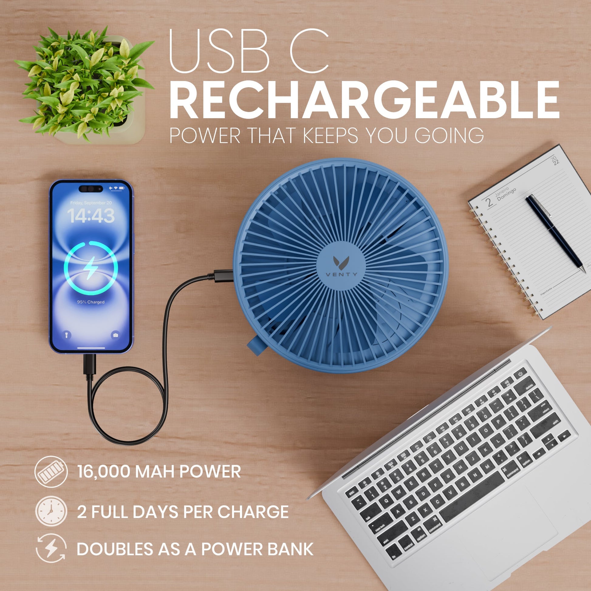 Blue fan on table