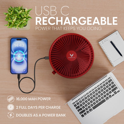 Red fan on table