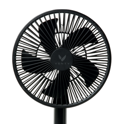 Black portable fan, front view