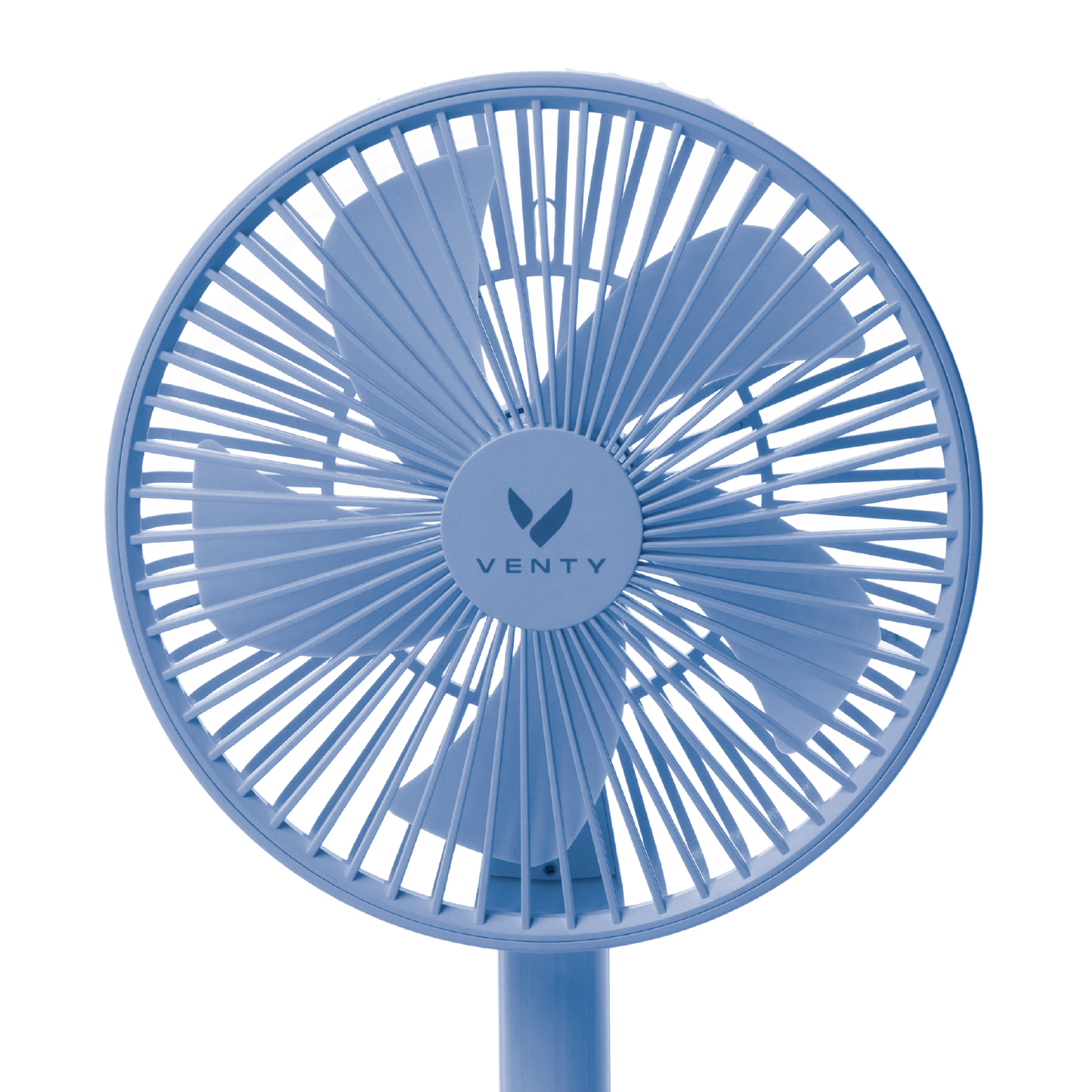 Blue portable fan, front view