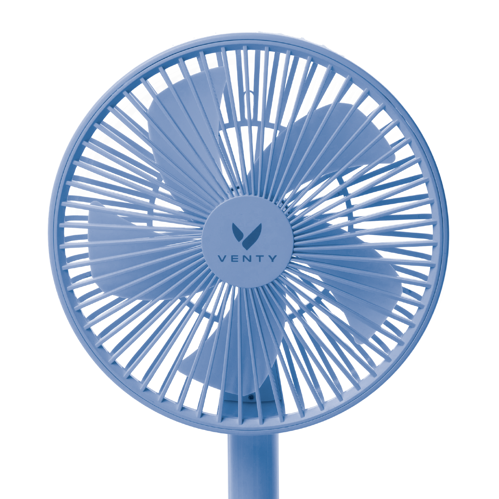 Blue portable fan, front view