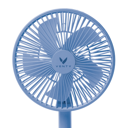 Blue portable fan, front view